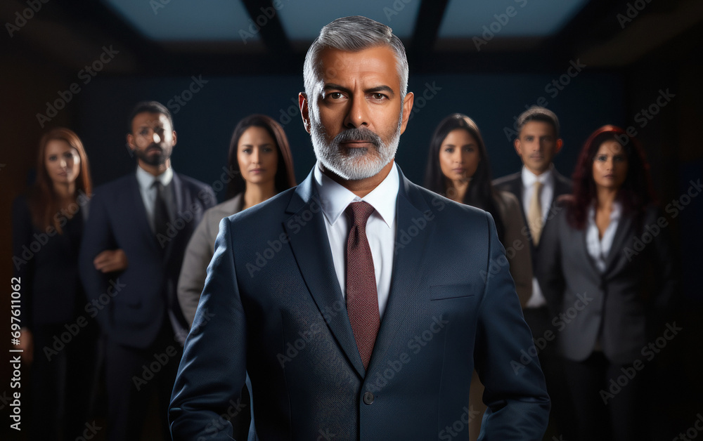 Senior businessman standing confident with his staff Senior businessman standing confident with his staff