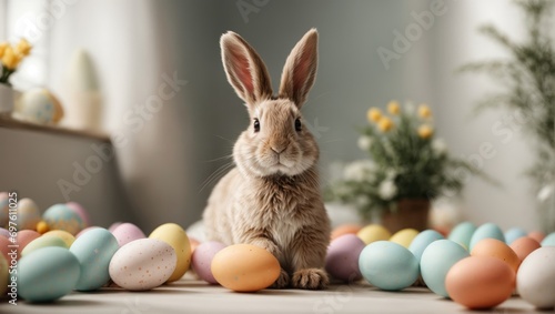 Cute little bunny and colorful eggs on wooden table indoors. Happy Easter © Анастасия Макевич