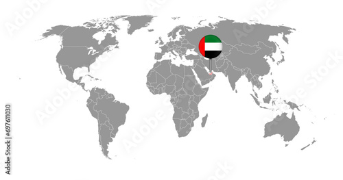 Pin map with United Arab Emirates flag on world map. Vector illustration.