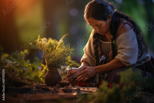 A medicine woman tends to a garden of healing herbs