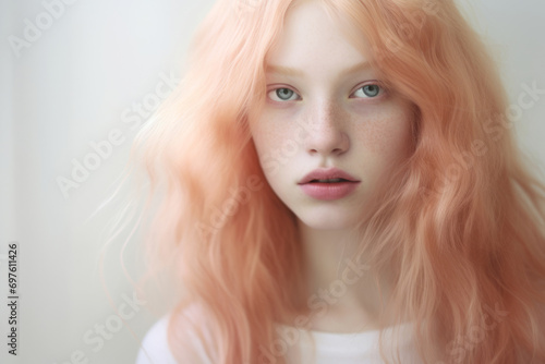 Close-up portrait of a teenage girl with blue eyes and wavy peach fuzz hairstyle. Trendy pink and orange hair tones. Studio shot.