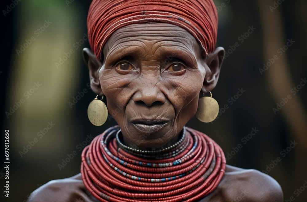Enduring Long neck senior tribal woman. Elderly woman wearing neck rings old tradition. Generate ai Enduring Long neck senior tribal woman. Elderly woman wearing neck rings old tradition. Generate ai