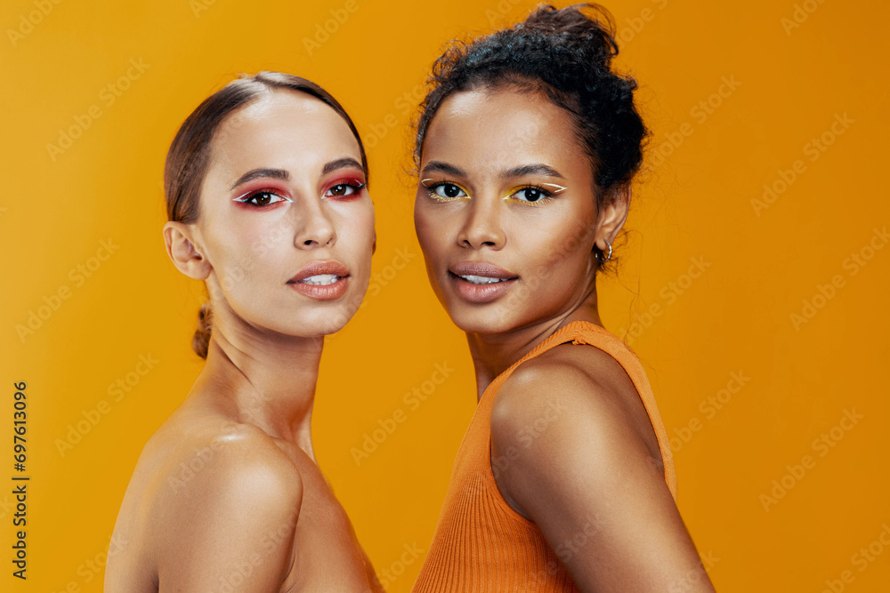 Woman happy race colorful together make-up two model studio mixed beauty skin Woman happy race colorful together make-up two model studio mixed beauty skin