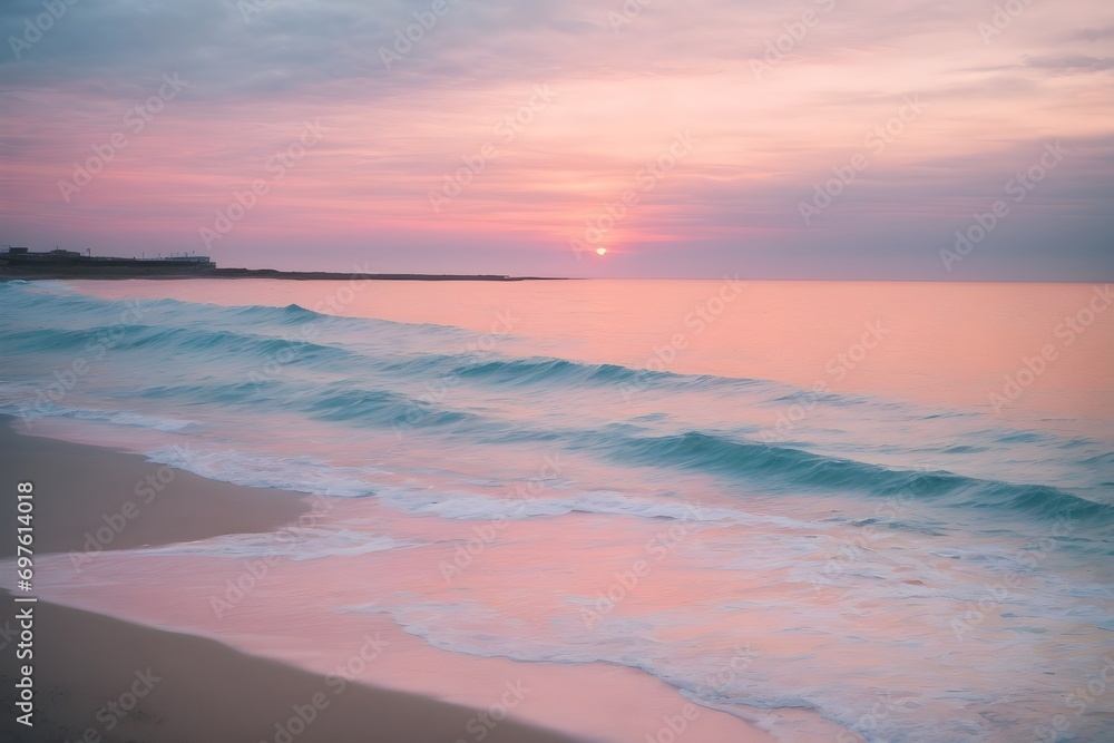Fototapeta premium Oil painting of the sea, featuring a mesmerizing multicolored sunset on the horizon, with a unique blend of bold and subtle strokes creating a dynamic and textured piece.