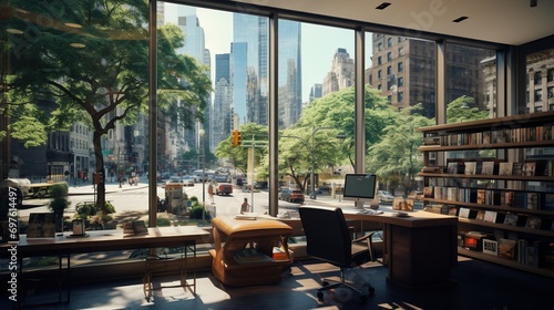  the modern interior with bookshelves with beautiful large floor-to-ceiling windows