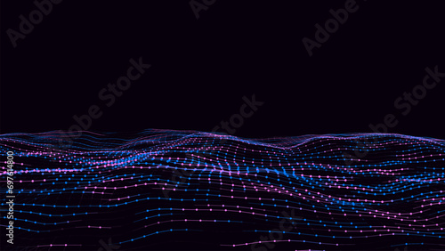 Vector colorful wave with motion dots. Abstract digital background. Concept connection big data. Futuristic technology backdrop.