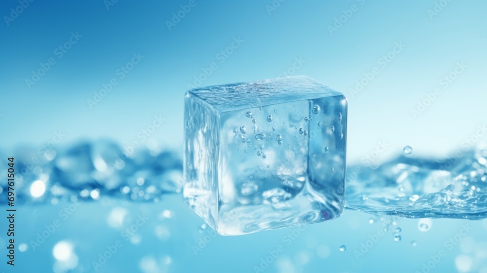 Falling ice cube on a blue background. Frozen water. Falling ice cube on a blue background. Frozen water.