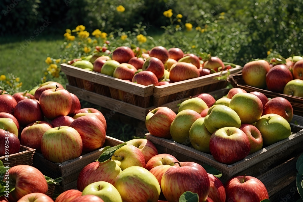 A mouth-watering tableau of ripe, succulent apples, their velvety skin reflecting the warm rays of the sun, nestled among a verdant landscape of vibrant greens and delicate flowers. A mouth-watering tableau of ripe, succulent apples, their velvety skin reflecting the warm rays of the sun, nestled among a verdant landscape of vibrant greens and delicate flowers.