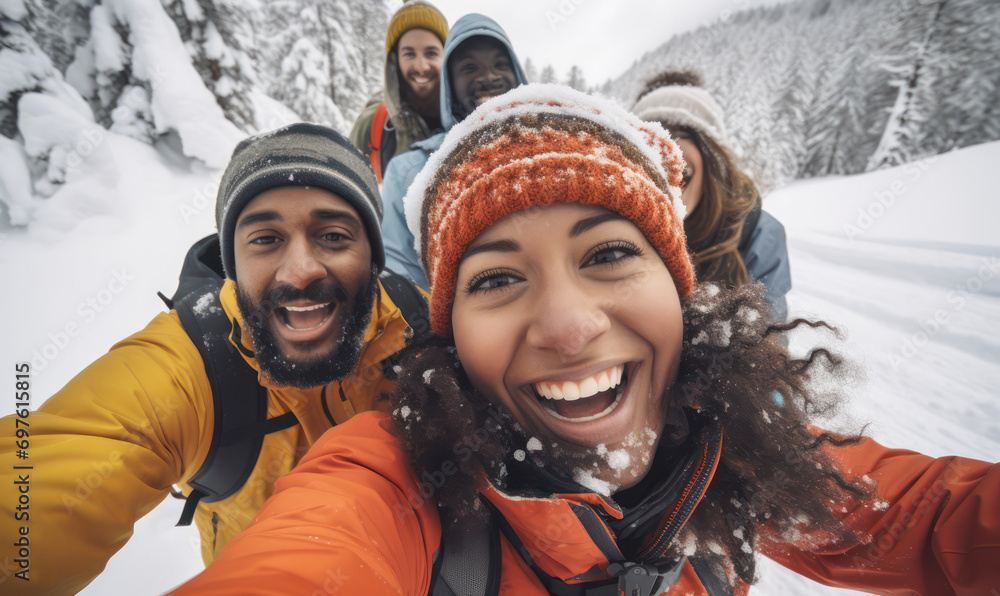 Mountain Thrills, Snowboarders' Selfie - Diverse Group Conquering the Snowy Peaks. Mountain Thrills, Snowboarders' Selfie - Diverse Group Conquering the Snowy Peaks.