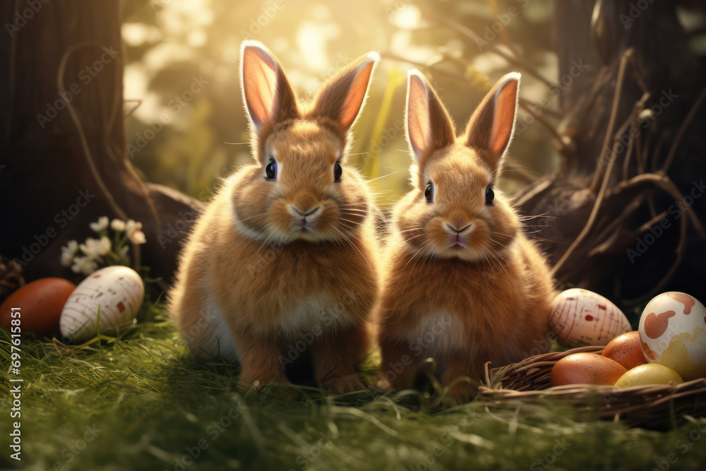 Easter Bunny Extravaganza, Playful Bunnies Create a Charming Background Scene.