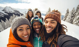 Mountain Thrills, Snowboarders' Selfie - Diverse Group Conquering the Snowy Peaks.