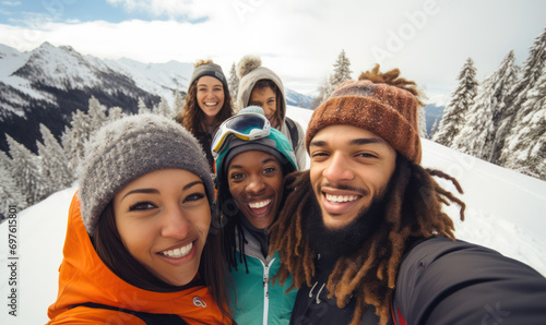 Mountain Thrills, Snowboarders' Selfie - Diverse Group Conquering the Snowy Peaks.