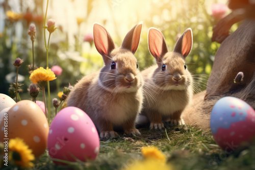 Easter Bunny Extravaganza, Playful Bunnies Create a Charming Background Scene.