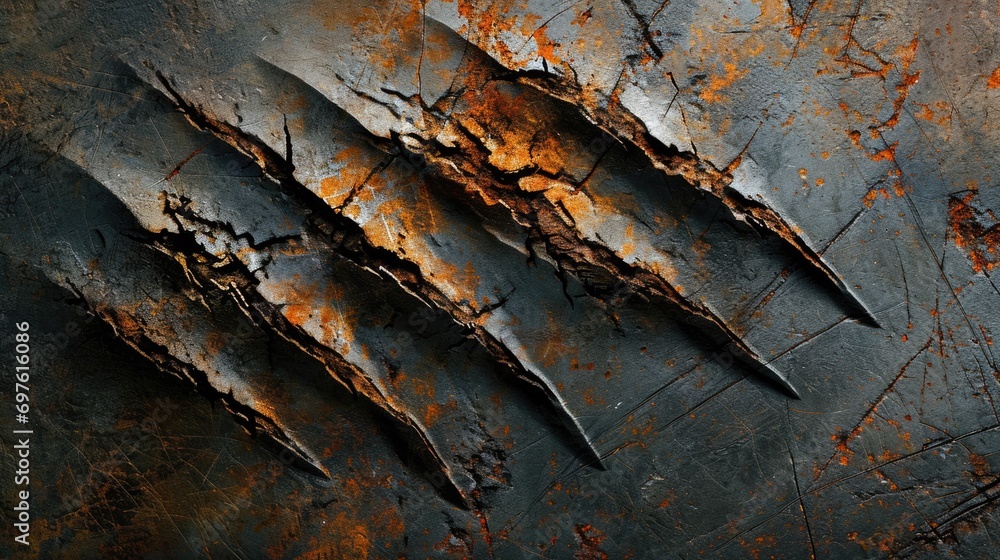 Beastly Claw Marks: Metal Plate Background with Thriller Vibe - obrazy, fototapety, plakaty 