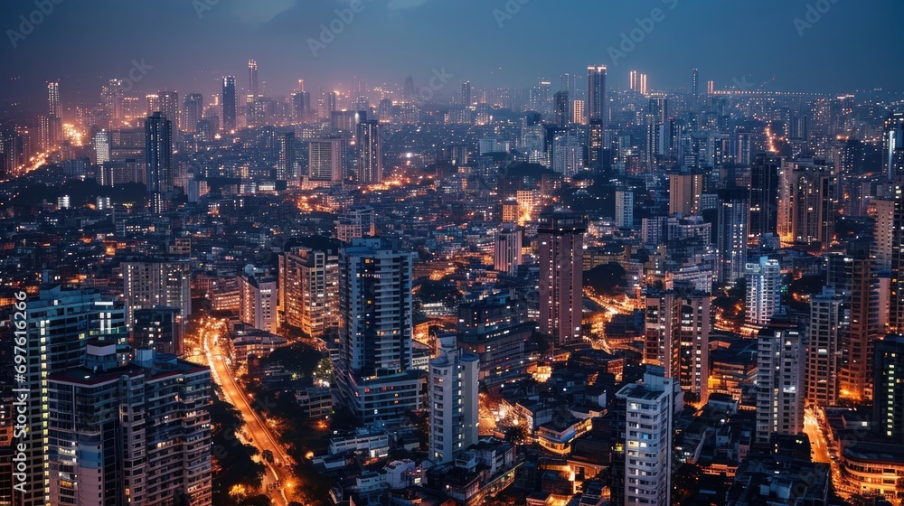 Bombay Nights: Aerial Cityscape of Mumbai's Architectural Marvels - obrazy, fototapety, plakaty 