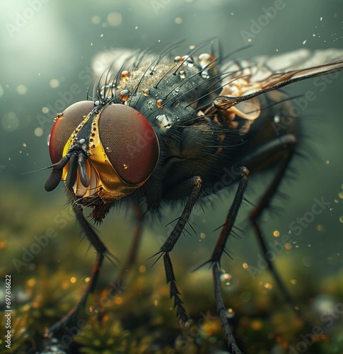 Macro photograph of a fly, exhibiting detailed textures and water droplets on its body, in its habitat © mockupzord