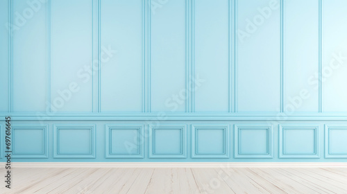 Elegant empty room with light blue tall walls. Frame wall molding decorating. Wooden floor. Copy space. Generative AI