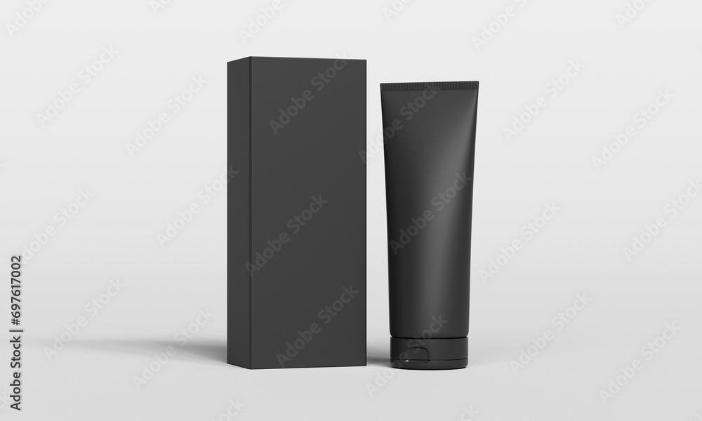 블랙 빈 용기와 패키지 박스 목업 Blank Black Tube and Packaging Box Mock 블랙 빈 용기와 패키지 박스 목업 Blank Black Tube and Packaging Box Mock