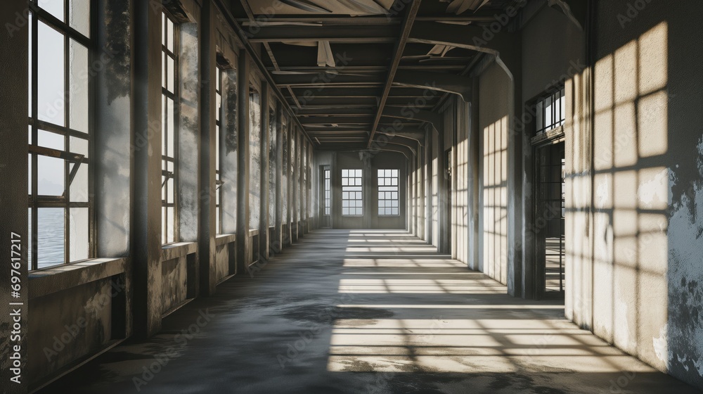 Evening light filters through windows, casting an array of shadows in a desolate industrial hallway