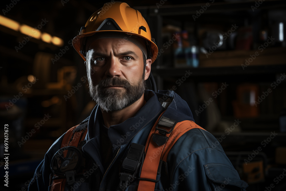 Portrait of bearded worker in hardhat working in plant, generative AI Portrait of bearded worker in hardhat working in plant, generative AI