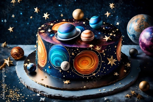 A celestial-themed birthday cake with a cosmic design, featuring edible planets and shimmering stars