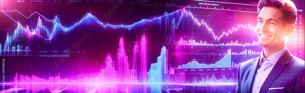 young Smile Businessman on Business chart and graph digital hologram ...