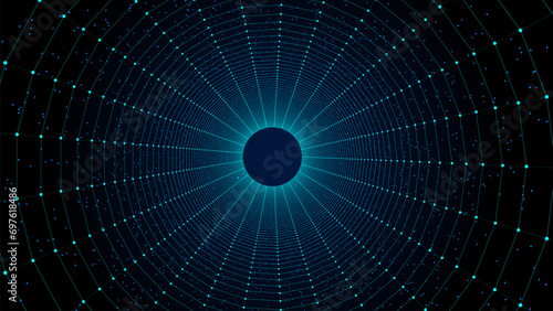 Vector cyber futuristic speed tunnel. Sci-fi wormhole. Abstract 3D wireframe portal with connections lines and dots. Data flow. Technology grid funnel.