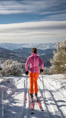 Mature Woman Cross Country Skiing Amidst Snowy Splendor