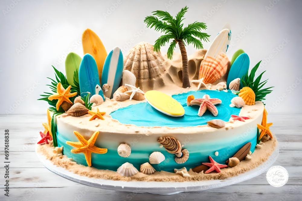 A tropical paradise-themed birthday cake with edible seashells, surfboards, and a sandy beach scene