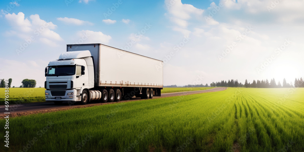 White truck on the road, near a green field. Transport concept with copyspace. Generative AI