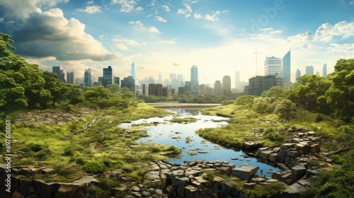 Cityscape and Nature Merge: Urban-Environmental Contrast, Harmony vs. Development, City-Nature Integration, Preservation Awareness, Sustainable Coexistence, Urban Jungle and Natural Oasis, Environment