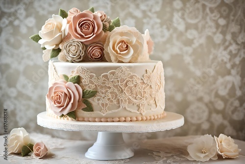 A vintage-inspired birthday cake adorned with edible lace, sugar roses, and a classic topper