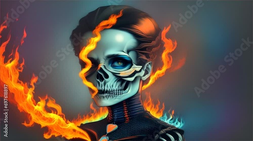 タバコを吸う燃える骸骨の女性｜Burning skeleton woman smoking a cigarette Generative AI photo