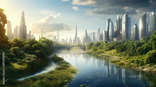 a cityscape merging with a natural landscape, showing the contrast between urban development and the importance of preserving nature.