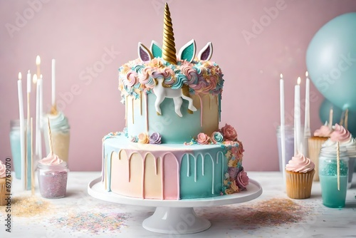 A unicorn-themed birthday cake with a graceful unicorn topper, pastel colors, and edible glitter