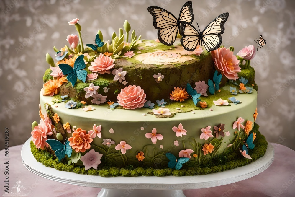 A garden-themed birthday cake with intricate sugar flowers, butterflies, and a moss-covered base