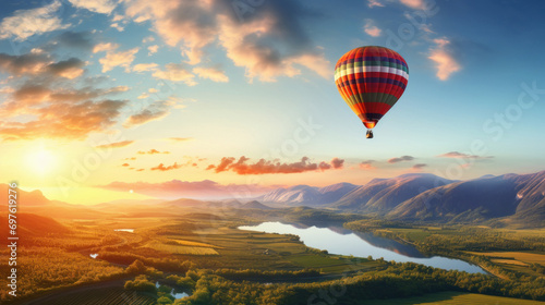 hot air balloon flying over river © PRASANNAPIX