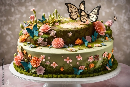 Obraz na płótnie A garden-themed birthday cake with intricate sugar flowers, butterflies, and a moss-covered base w salonie