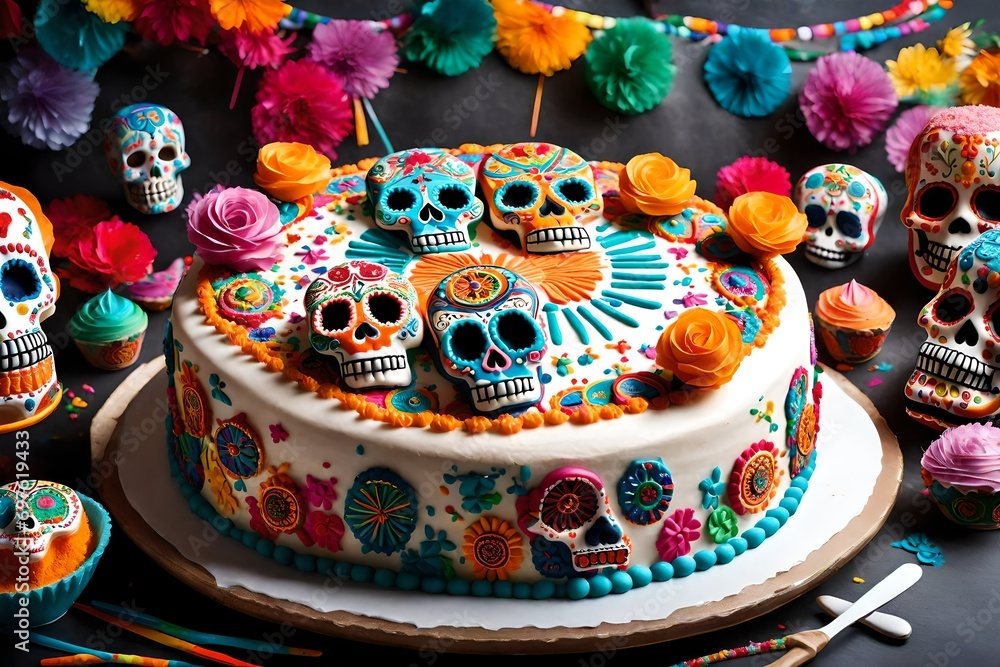 A vibrant fiesta-themed birthday cake with sugar skulls, maracas, and a festive, Mexican-inspired design A vibrant fiesta-themed birthday cake with sugar skulls, maracas, and a festive, Mexican-inspired design