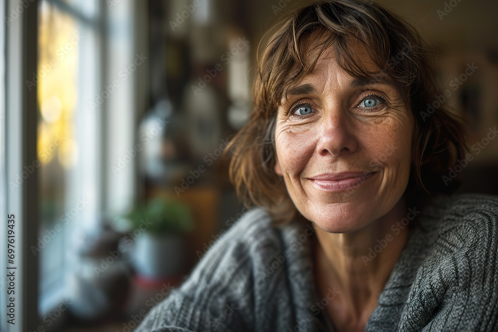 Serene Frontal Portrait of a Woman, Age 50 and Beyond, with Authentic Skin Glow Serene Frontal Portrait of a Woman, Age 50 and Beyond, with Authentic Skin Glow