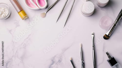 Top view of a flat marble table with manicure tools and supplies lying around. Creative template banner with copy space for nail salon.