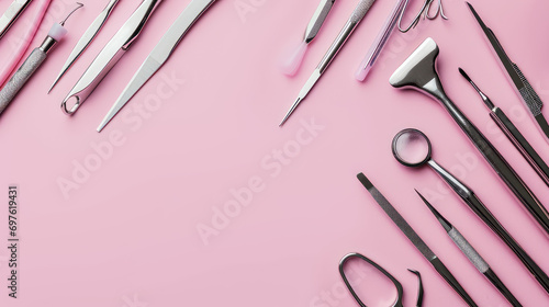 Top view of a flat pink table with manicure tools and supplies lying around. Creative template banner with copy space for nail salon.