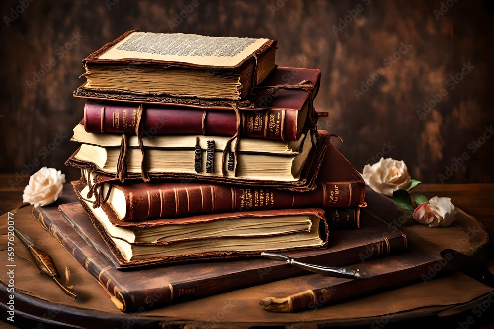A birthday cake designed to look like a stack of vintage books, with edible pages and intricate details