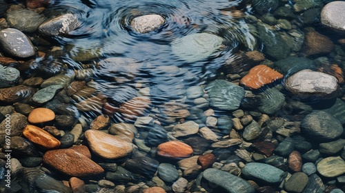 A close-up of a rocky riverbed with crystal clear water flowing gently over smooth stones.