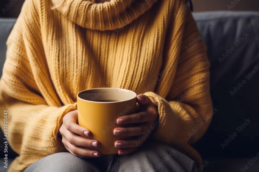 womans in sweater holding cup of hot drink womans in sweater holding cup of hot drink