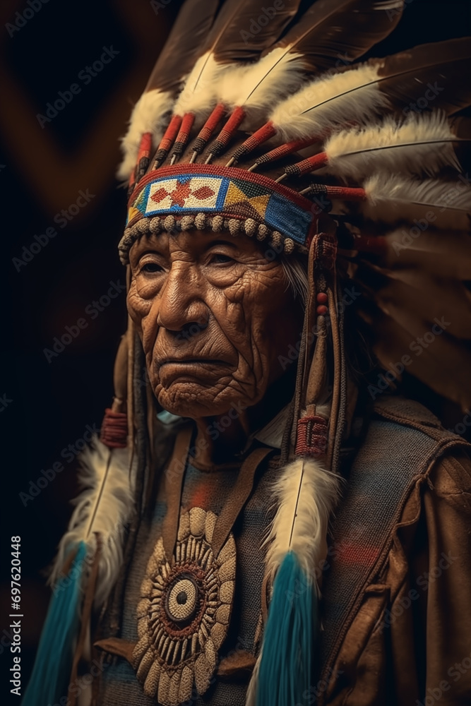 Obraz premium Sioux Tribe Chief in Traditional Clothing