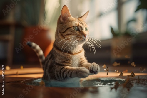 A cat Cartoon doing yoga on a fish for a holiday. Generative AI