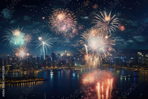 New York City skyline with fireworks over Hudson River, New York City, USA