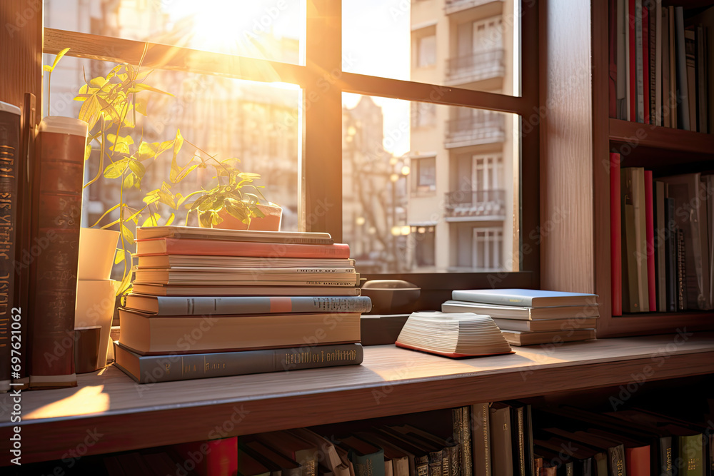 Bookshelf with books and flowers in the room. 3d rendering Bookshelf with books and flowers in the room. 3d rendering