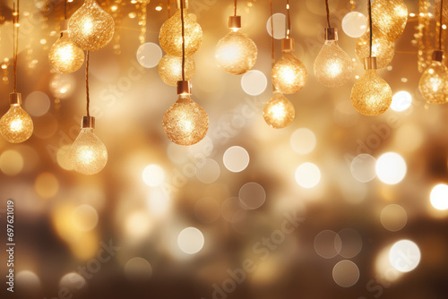 Wooden table and christmas lights on bokeh background.